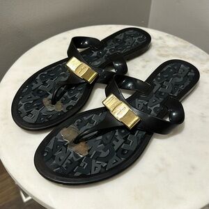 Ferragamo black and gold rubber sandals size 8